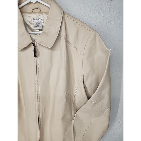 Cream Ivory Off White Leather Moto Jacket Muted Neutral | Tribeca Studios 18W - Picture 6 of 10